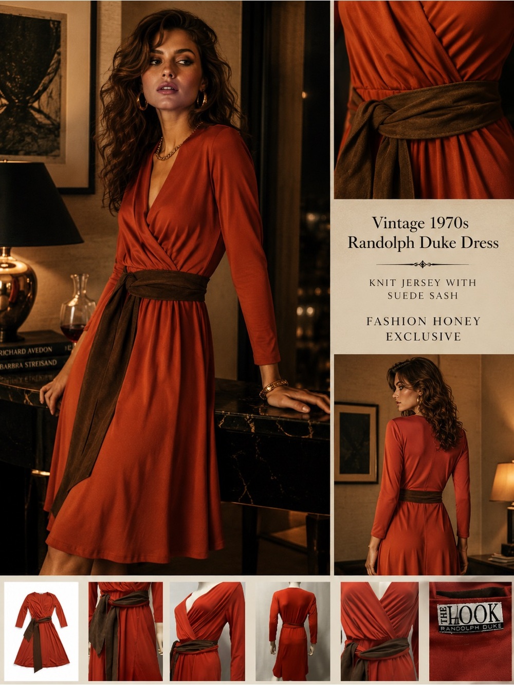 VTG 70s Randolph Duke The Look DISCO Orange Jersey Knit Sash GLAM Dress Womens S